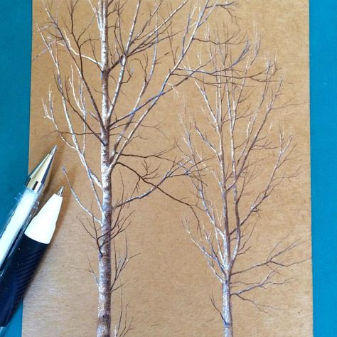 #secretlifeoftrees, experimenting with white gel pen on brown paper Dina Brodsky, White Pen, White Gel Pen, Butterfly Drawing, Toned Paper, January 29, Paper Artwork, Landscape Artwork, Paper Drawing