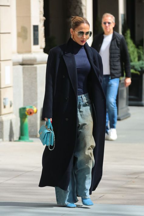 J.Lo Just Made a Case for the Controversial “Dirty Denim” Trend J Lo Outfits, Jlo Street Style, J Lo Style, All Blue Outfit, J Lo Fashion, Streets Of New York, Latest Celebrity News, Denim Trends, New York Street