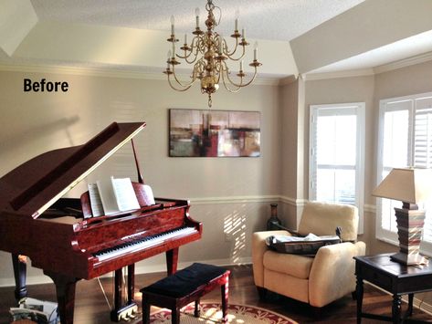 Before and after: Piano Room — 3A DESIGN STUDIO Cozy Piano Room, Living Room Decor With Piano, Small Piano Room, Upstairs Interior, Grand Piano Decor, Piano Area, Piano Room Design, Grand Piano Living Room, Piano Rooms