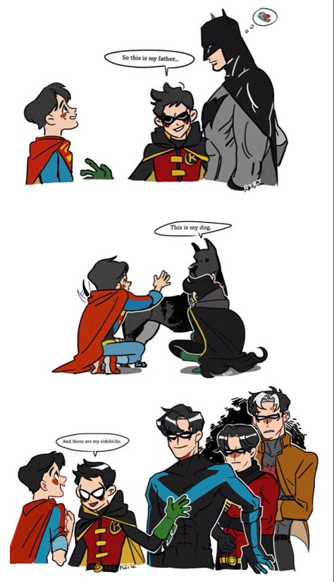 Bat Family And Super Family, All Robins Bat Family, Jondami Fanart Comic, Batman X Ironman, The Bat Family Art, Damian Wayne Fanart Bat Family, Bat Family Fanart Robins, Wayne Family Fanart, Nightwing And Robin Damian Wayne