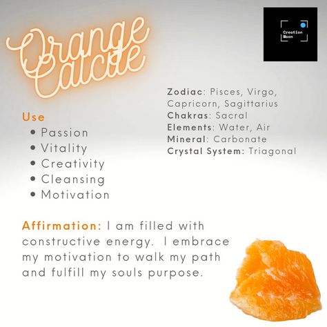 Orange Calcite is said to encourage the healing and strengthening of bones and is said to be particularly good for fortifying the body against osteoporosis. It is most often used to stimulate the metabolism and fortify the immune system. It is also used to treat the sexual organs and digestive system. Orange Calcite Crystal Meaning, Orange Calcite Meaning, Pisces Virgo, Moon Zodiac, Wire Wrapped Gemstones Pendant, Crystal System, Vibrational Energy, Orange Calcite, Calcite Crystal