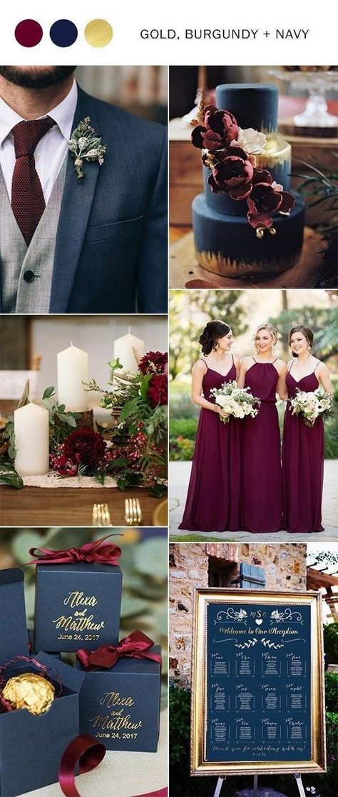 Different Wedding Themes, Burgundy Wedding Colors, Wedding Color Scheme, Wedding Burgundy, Gold Wedding Colors, Romantic Wedding Flowers, Wedding Themes Fall, Weddings By Color, Wedding Colors Blue