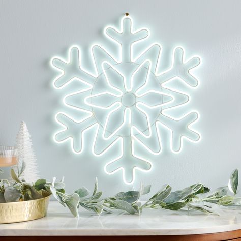 Neon Cool White Snowflake LED Electric Sign Wall Decor - World Market Outdoor Christmas Decor, Sign Wall Decor, Paper Snowflakes, Accent Lighting, White Snowflake, Outdoor Wall Decor, Sign Wall, Wall Light Fixtures, Light Wall