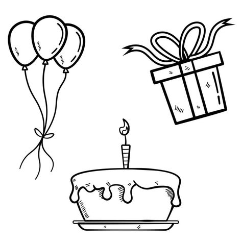 Birthday cake with balloons and gifts in sketch style Balloon Bouquet Drawing, Ballon Drawing, Embroidery Journaling, Birthday Cake With Balloons, Birthday Sketch, Cake With Balloons, Funny Logic, Balloon Illustration, Bday Cards