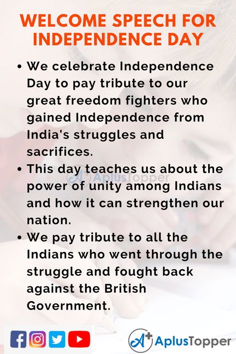 Welcome Speech for Independence Day in English for Students and Children - A Plus Topper Independent Day Speech For Kids, Independent Day Speech In English, Independence Day Speech For Kids, Independence Day Speech In English, Lines On Independence Day, Braces Colors Ideas, Welcome Speech, Happy Independence Day Quotes, Independence Day Speech