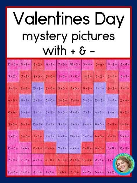 Your first grade students will enjoy math facts practice when the answers help reveal Valentines Day mystery pictures!  You'll use these NO PREP worksheets for morning work, seat work, center times, math warm ups, your sub tub and any time your students need math facts practice.  Includes 4 fun pictures, each differentiated for addition and subtraction within 10 and within 20, for a total of 8 different pages.  Completed puzzles make an adorable bulletin board.  TpT$ Valentines Addition For Kindergarten, Valentines Day Math Activities 3rd Grade, Concentric Hearts, Valentine Subtraction Kindergarten, 100 Chart Mystery Picture Free, Addition And Subtraction To 20, Valentines Day Math, Subtraction To 20, 100s Chart