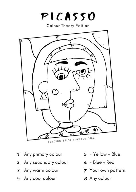 A fun #colouring #activity for students to review the #colour #wheel. This is a really great time-filler activity, especially after an introduction to #Picasso or colour theory - it helps students revisit key terms. My #kids love these hand drawn activity sheets. More #art #projects at Feeding Stick Figures dot com Picasso Activities For Kids, Picasso Worksheet, Picasso Art Projects For Kids, Picasso Kids, Pablo Picasso Art, Colour Wheel, Art Worksheets, Picasso Art, Colour Theory