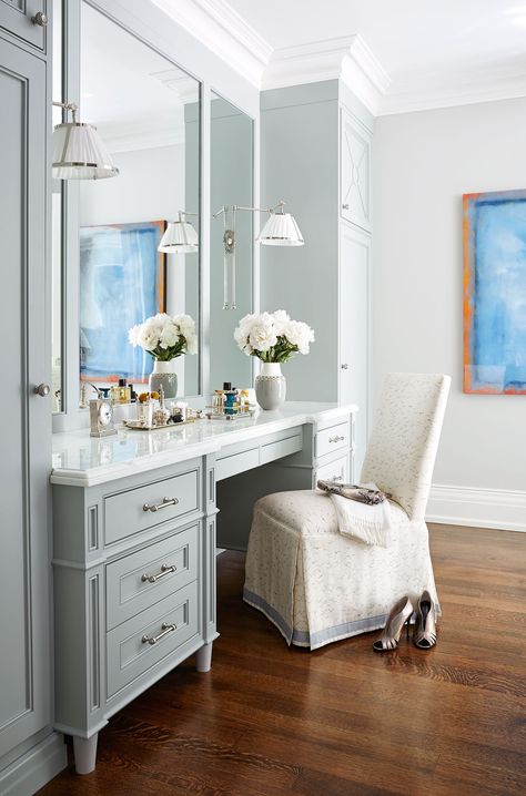 The master bedroom’s graceful dressing area is painted in Sherwin Williams’s Repose Gray. Ikea Raskog, Design Hall, Closet Vanity, Desain Pantry, Vanity Ideas, Bedroom Vanity, Subway Tiles, Dressing Room Design, Simple Bedroom