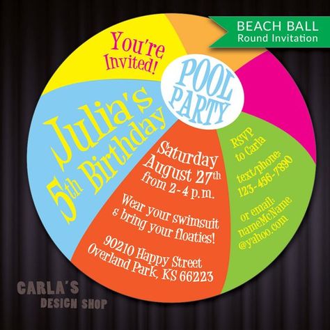 Beach Ball Printable, Ball Printable, Ball Invitation, Beach Invitations, Pool Party Kids, Swim Party, Pool Birthday, Pool Party Invitations, Fun Invitations