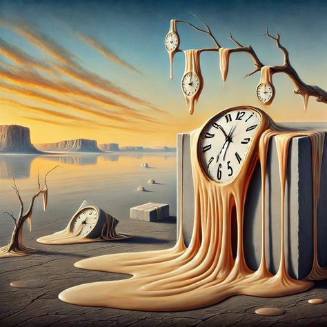 A surreal oil painting inspired by the iconic theme of time and decay, featuring melting clocks draped over various objects in an expansive, barren landscape. The scene is set in a desolate, dreamlike world where time appears distorted and fluid. Surreal World Art, Melting Clock Art, Time Artwork Ideas, Time Art Clock, Surrealism Clock, Distortion Painting, Clock Melting, Surrealism Ideas, Melted Clock