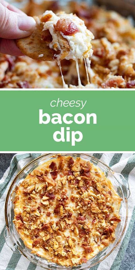 The perfect dip for parties or game day, this Cheesy Bacon Dip is filled with 3 kinds of cheese and bacon both in the dip and on top.