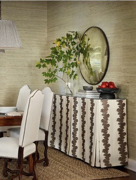 Skirted Table Dining Room, Skirted Foyer Table, Skirted Table Entryway, Schumacher Dining Room, Skirted Entry Table, Skirted Console Table, Skirted Table, Console Table Decorating, Timeless Interior