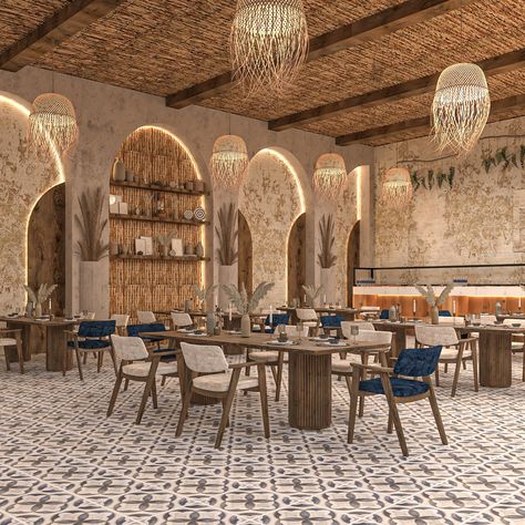 Ganubi Resturant in Nubian hotel on Behance Restaurant Facade Design, Boho Style Restaurant, Contemporary Restaurant Design, Mediterranean Restaurant Design, Boho Restaurant, Luxury Restaurant Interior, Tractor Design, Modern Restaurant Design, Desain Pantry