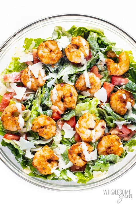 Keto Cajun Shrimp Caesar Salad Recipe | Wholesome Yum Keto Cajun Shrimp, Keto Shrimp Salad, Easy Caesar Salad Dressing, Spicy Shrimp Salad, Shrimp Caesar Salad, Shrimp Skewer Recipes, Salad With Shrimp, Salad Recipes Low Carb, Keto Shrimp