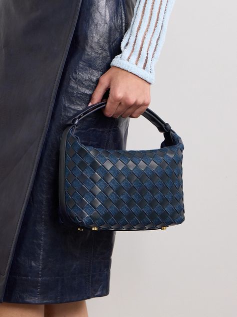 Find BOTTEGA VENETA Mini Wallace Intrecciato Leather And Denim Shoulder Bag on Editorialist. Bottega Veneta's 'Mini Wallace' shoulder bag is crafted from leather and denim using its signature intrecciato technique - the iconic weave has defined the brand's accessories since the early '70s. Perfect for days when you don't have much to carry, it's topped with a structured handle and has enough space for your wallet, phone and makeup compact. Bottega Denim Bag, Bottega Veneta Wallace, Bottega Wallace, Affordable Wishlist, Affordable Bags, Bottega Bag, Leather And Denim, Makeup Compact, Denim Shoulder Bag