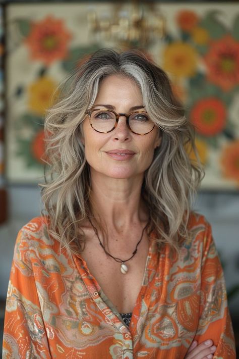 Chic layers and waves hairstyle for women in their 50s with glasses Hair For Glasses Wearers, Bangs For Older Women With Long Hair And Glasses, Bang Inspo, Long Hair Older Women, Matt Dixon, Bangs Fringe, Modern Shag, New Hair Do, Crop Hair