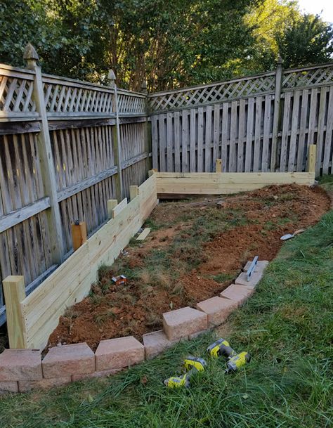 Corner Lot Landscaping, Patio Set Makeover, Corner Flower Bed, Corner Landscaping, Landscaping Along Fence, Build A Garden, Garden Retaining Wall, Black Thumb, Sloped Backyard