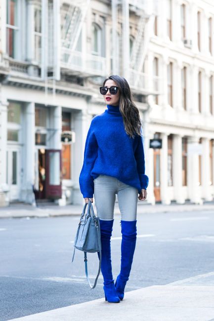 Double Sapphire :: Dressy blue & Casual blue Outfit Casual :: By Malene Birger sweater | Paige jeans | Stuart Weitzman boots | Rebecca Minkoff bag | Stila ‘Fiery’ lip color Published: November 21, 2016 Blue Knee High Boots Outfit, Sapphire Blue Outfit, Blue Thigh High Boots, Over The Knee Boot Outfit, Wendy's Lookbook, Bota Over, Knee Boots Outfit, High Boots Outfit, Monochromatic Fashion