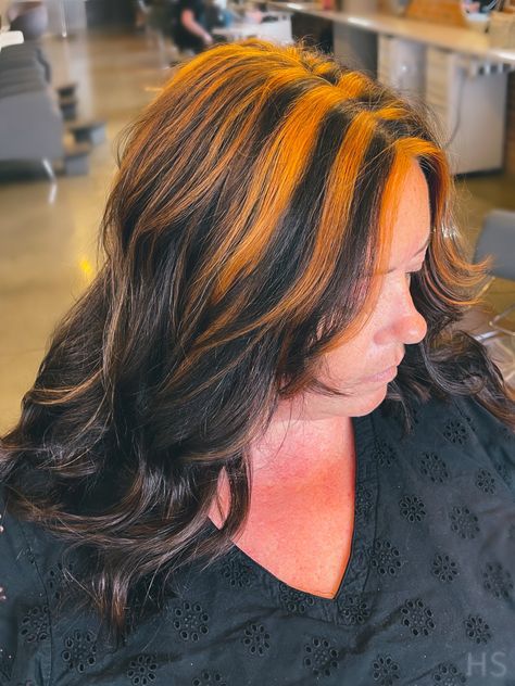 Halloween inspire hair color, chunky highlight Chunky Orange Highlights, Tiger Hair Color, Chunky Copper Highlights, Orange Chunky Highlights, Black Hair With Orange Highlights, Tiger Stripes Hair, Brown Hair Streaks, Orange And Black Hair, Chunky Highlight