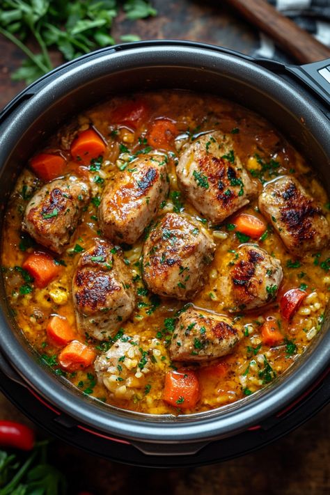 Meatballs simmering in a savory stew with carrots and herbs. Dinner In Instant Pot, Crock Pot Instant Pot Recipes, Instant Pot Recipe Ground Beef, Clean Instant Pot Recipes, Instant Pot Dinner Ideas Healthy, Make Ahead Instant Pot Meals, Amy And Jackie Instant Pot Recipes, Instant Pot Casseroles, Instant Pot Recipes Vegetables