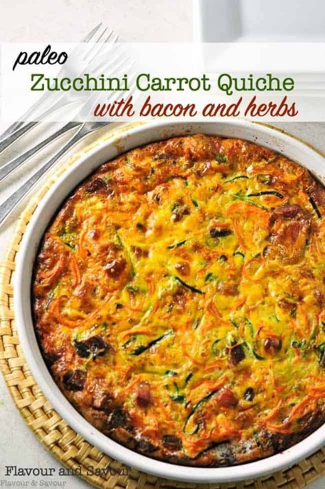 Paleo Zucchini-Carrot Quiche. A crustless quiche full of healthy vegetables and flavoured with bacon, fresh rosemary and chives. Great for lunch the following day! #paleo #crustless #quiche #zucchini #carrots #eggs #bacon Carrot Quiche, Bacon Crustless Quiche, Quiche Zucchini, Quiche With Bacon, Paleo Zucchini, Zucchini Carrot, Bacon Quiche, Healthy Zucchini, Spring Brunch