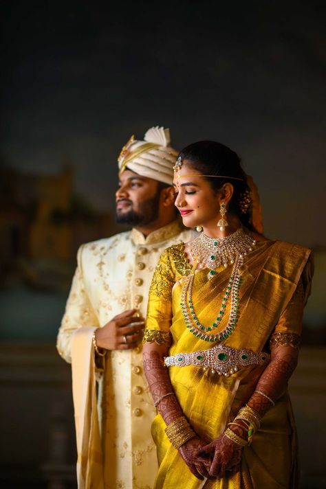 “One day, in your search for happiness, you discover a partner by your side, and you realise that your happiness has come to help you search.” #couplepose #wedding #weddings2021 #indianwedding #bride #brides #bridesofindia #bridesof2021 #coupleshoot #coupleportrait #shotonnikon Indian Temple Wedding, Telugu Wedding Photography, Temple Shoot, Indian Wedding Poses, Wedding Stills, Rajputi Dress, Couple Matching Outfits, Wedding Portrait Poses, Marriage Couple