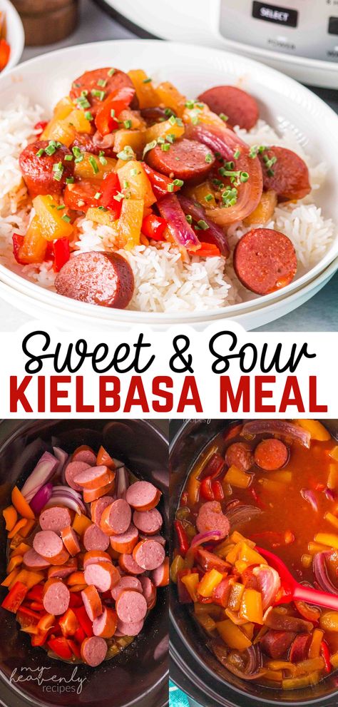 sweet and sour kielbasa Sweet Sour Kielbasa Crock Pot, Kielbasa Sweet And Sour, Low Calorie Kielbasa Recipes, Crockpot Kelbeisa Sausage Recipes, Sweet And Sour Kielbasa Crockpot, Kielbasa And Rice Recipes One Pot, Polish Sausage Recipes Easy, Kielbasa Crockpot Recipes, Kielbasa Recipes Crockpot