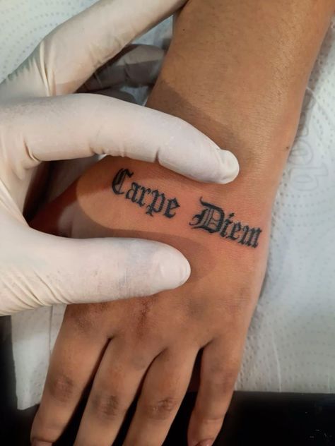 Carpe Firm Tattoo, Side Of Hand Tattoo Men, Carp Diem Tattoo, Carpe Diem Tattoo Men, Word Tattoos Men, Carpe Diem Tattoo Fonts, Text Tattoo Men, Watch Over Me Tattoo, Word Tattoos For Men