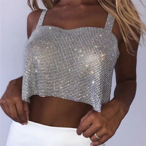 👉 Comment "Shop" order this item 👈 Glitter Nightclub Tank Top 👇 Looking for a show-stopping top to wear on your next night out? Look no further than our Glitter Nightclub Tank Top! This dazzling top features allover sequined detailing and rhinestone accents that are sure to turn heads. The backless silhouette is incredibly sexy, while the cropped length is perfect for showing off your best assets. Whether you pair it with jeans or a skirt, this top is sure to help you stand out from the crow... Party Crop Tops, Rhinestone Top, Silver Tops, Cropped Tops, Cami Crop Top, Crop Top Blouse, Romantic Style, Cutout Dress, Solid Tops