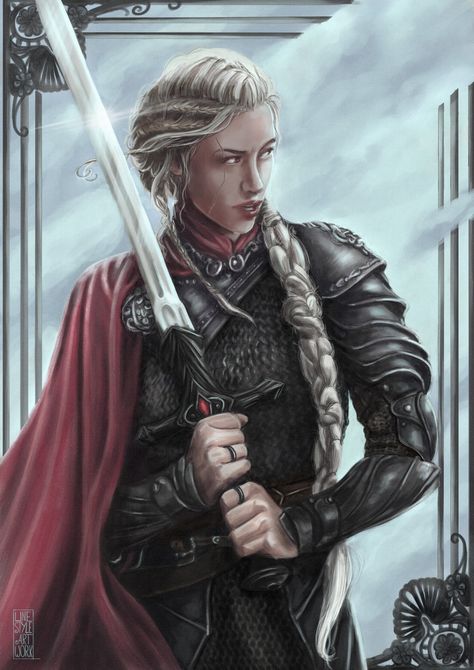 Asoiaf Targaryen Art, Visenya Targaryen Art, Targaryen Armor Fan Art, Aerys Targaryen Art, Armor Woman, Visenya Targaryen Armor, Rhaenyra Targaryen Warrior, Targaryen Original Character, Baelon Targaryen