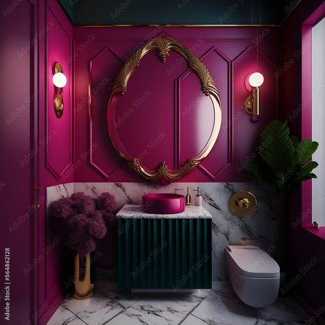 Download Colorful dark bathroom trendy 2023 year interior. Viva magenta color accent bright modern wall paint. Luxury premium rich style master small bathroom or beauty salon. Large vertical mirror. 3d render Stock Illustration and explore similar illustrations at Adobe Stock. Ladies Bathroom Decor Ideas, Beautiful Bathroom Colors, Small Luxury Bathroom Decor, Dark And Moody Guest Bathroom, Hot Pink Powder Room, Fuchsia Bathroom, Hot Pink Bathroom Ideas, Magenta Paint Colors, Magenta Bathroom