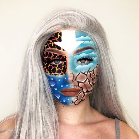 Day 79, The Four Elements 🔥☁️💦🍃 This look is inspired by the amazing @abbyrobertsartistry • • This took so long to do but I’m actually… Face Painting Themes, Elements Makeup, Robot Makeup, Diy Horns, Butterfly Birthday Cakes, Creepy Halloween Makeup, The Four Elements, Four Elements, Makeup Class