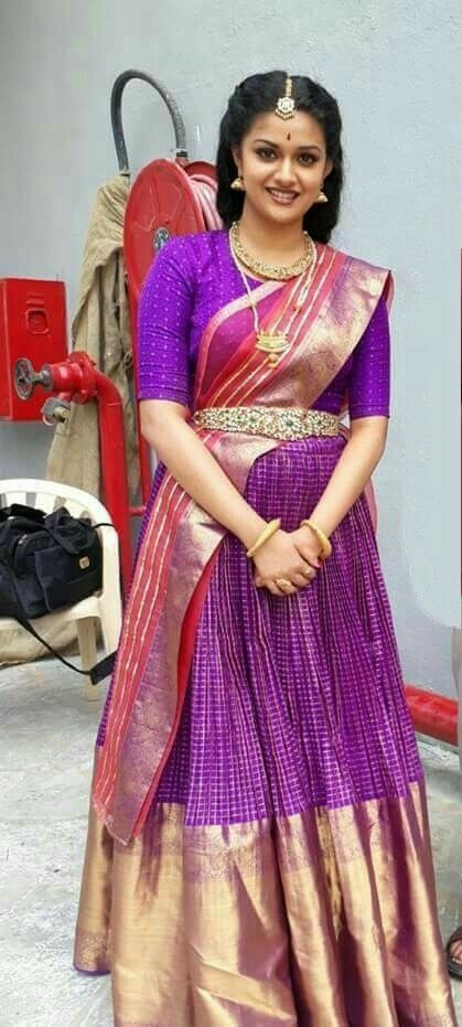 Keerthi as savitri Womens Elf Costume, Kreethi Suresh, Celebrity Clothing, Plain Sarees, Party Dress For Women, Keerthi Suresh, Half Sarees, New Party Dress, Kids Dress Wear