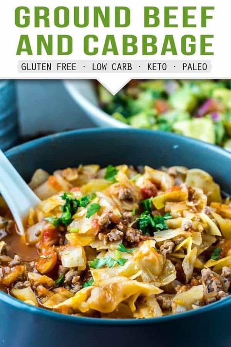 This is a budget-friendly, one pot Ground Beef and Cabbage recipe! It needs 7 ingredients and 30 minutes to prepare! Gluten-Free. Keto. Low-Carb. Paleo. Whole 30. Hamburger Meat Cabbage Recipes, Unstuffed Cabbage Roll Soup, Beef And Cabbage Recipe, Kasey Trenum, Unstuffed Cabbage Rolls, Ground Beef And Cabbage, Carnivore Recipes, Unstuffed Cabbage, Cabbage Roll Soup