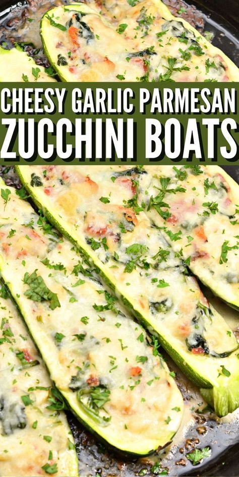 Cheesy Garlic Parmesan Zucchini Boats - These keto parmesan zucchini boats are a fun way to eat your vegetables! These zucchini boats are a cheesy and healthy side dish. Add some chicken and make them a complete meal. #keto #ketorecipes #ketodiet #ketozucchiniboats #zucchiniboats #garlicparmesanzucchini #zucchinirecipes #zucchini #vegetarianrecipes #food #recipes Snack Ideas List, Veggie Zucchini Boats, Garlic Parmesan Zucchini, Zucchini Dinner Recipes, Keto Snack Ideas, Zucchini Side Dishes, Easy Zucchini Recipes, Zucchini Boats, Parmesan Zucchini