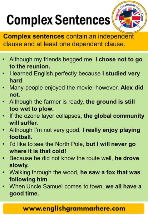 Complex Sentences, Definition and Examples - English Grammar Here English Sentence Structure Worksheet, Compound Sentences Examples, Compound Complex Sentences Examples, Complex Sentences Examples, Describing Emotions, Simple Compound Complex Sentences, Compound Complex Sentences, Simple Compound And Complex Sentences, English Sentence Structure