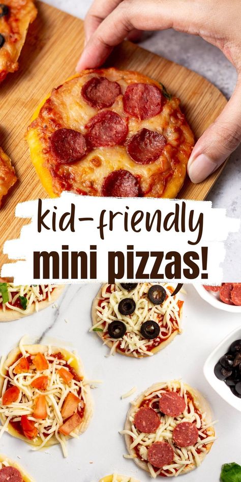 Easy Mini Pizzas are the ultimate party food! These little pizzas are perfect for a quick kids' dinner or snack, or any event where finger foods are the main attraction. From Super Bowl to slumber parties to New Year's Eve and more, mini pizzas are sure to please your crowd! Beach Picnic Foods, Kids Pizza Recipes, Kids Pizza Party, Fun Pizza Recipes, Mini Pizza Bites, Mini Pizza Recipes, Finger Foods For Kids, Kids Pizza, Pizza Lunch