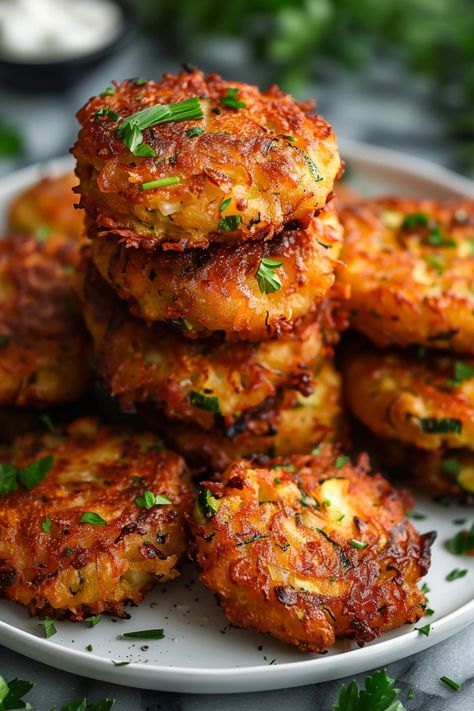 Stack of crispy, golden hash brown patties garnished with fresh chopped herbs on a white plate. Squash Gluten Free Recipes, Vegan Air Fryer Zucchini, Zucchini Fritters No Flour, Low Carb Healthy Appetizers, Fried Spinach Crispy Air Fryer, Air Fryer Only Meals, Healthy Meals In Air Fryer, Healthy Air Fry Dinner Recipes, Zucchini Tots Air Fryer