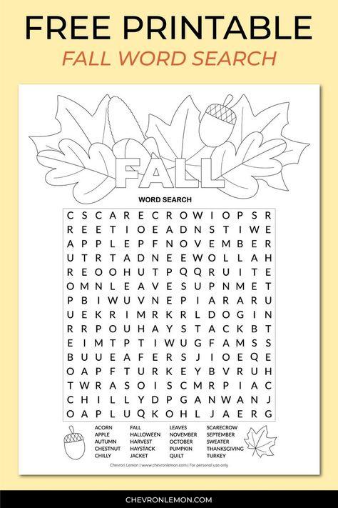 Fall-themed word search puzzle Fall Word Search For Kids, Fall Word Search, Free Word Search Puzzles, Thanksgiving Word Search, Word Search For Kids, Autumn Puzzle, Kids Word Search, Fall Lesson Plans, Fall Worksheets