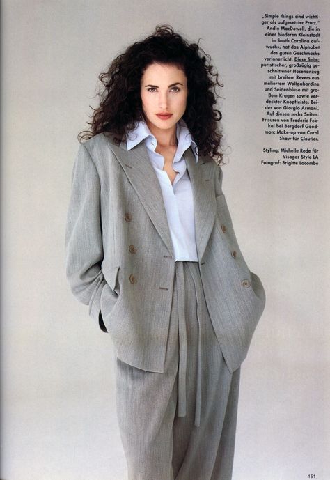 Brigitte Lacombe, Look 80s, Andie Macdowell, Character Clothes, Elegante Y Chic, 1990s Fashion, Woman Suit Fashion, Vogue Germany, Pantsuits For Women