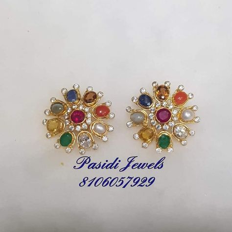 Navrattan Pendant Set, Navaratna Studs Gold, Navarathna Studs, Navaratna Earrings Gold, Navaratna Earrings, Gold Cat Earrings, Rose Gold Earrings Studs, Gold Pendant Jewelry, Black Beaded Jewelry