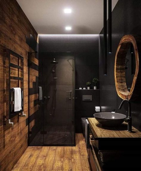 Chalet Modern, Dark Bathrooms, Washroom Design, Wooden Bathroom, Bathroom Inspiration Decor, Hus Inspiration, Stylish Bathroom, Industrial House, Bathroom Style