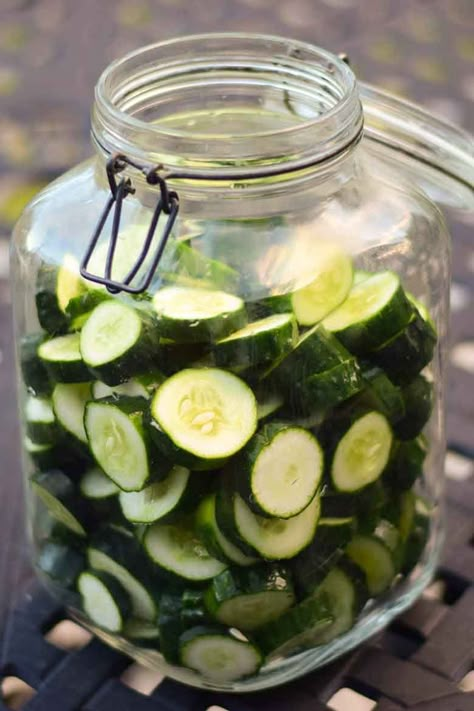 sliced pickles in crock before pouring boiling water over them Cucumber Spread, Cucumber Vinegar, How To Make Crisps, Sweet Pickles Recipe, Pepper Vinegar, Flavored Vinegars, Infused Vinegars, Dill Pickle Recipe, Fermented Pickles