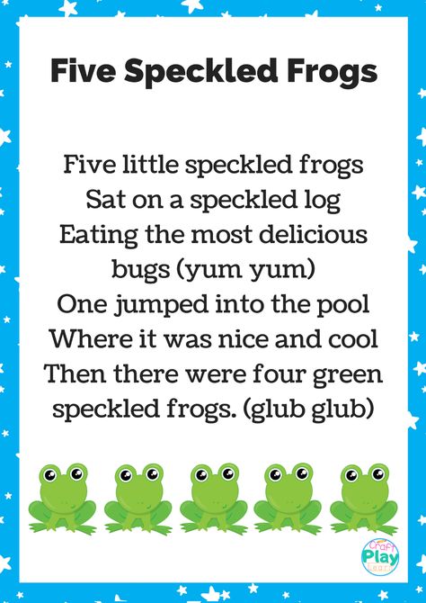 Today on Craft Play Learn we have the nursery rhyme Five Speckled Frogs to share with you. I love nursery rhymes and preschool counting songs. Not only are they fun to sing with the little ones, these songs help teach basic counting skills which are needed as a building block in the early years foundation stage. Early Years Nursery Rhyme Activities, Counting Rhymes Preschool, Frog Songs For Preschool, Counting Songs For Preschool, Nursery Rhymes Activities For Toddlers, Preschool Counting Songs, Five Speckled Frogs, Five Green And Speckled Frogs, Frog Activity