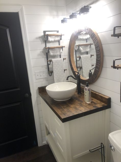 Shiplap, Butcher Block, Vessel Sink, Wood Accents, Black Door Vessel Sink With Faucet On Side, Bathroom Bowl Sink Ideas Wood Vanity, Small Bathroom Bowl Sink Ideas, Bathroom Vanity With Butcher Block Top, Bathroom Vanity Butcher Block, Bathroom With Butcher Block Counter, Butcherblock Countertop In Bathroom, Vessel Sink Vanity Ideas, Bathroom Sink Bowl On Top