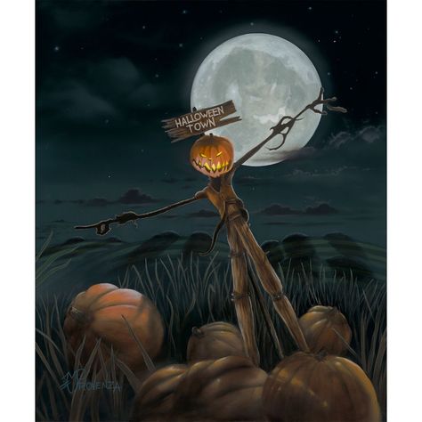 A very clear sign that your décor will be elevated to frightening new heights, ''This Is Halloween'' by Michael Provenza depicts the glowing Pumpkin King jack-o'-lantern scarecrow who points the way to Halloween Town. Inspired by Tim Burton's The Nightmare Before Christmas, the eerie scene is bathed in the light of an Oogie Boogie moon. Signed and numbered, this limited-edition Disney artwork is gallery wrapped and ready to hang so you can really go to town decorating with thrilling effec Oogie Boogie Moon, Jack The Pumpkin King, Disney Fine Art, Disney Artwork, Fine Artwork, The Nightmare Before Christmas, Easy Wall, The Nightmare, Halloween Town