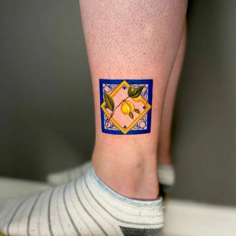 Amalfi Coast Tattoo Ideas, Sicilian Tattoo For Men, Tattoo Italy Ideas, Italian Lemon Tattoo, Amalfi Coast Tattoo, Lemon Flower Tattoo, Lemon Tattoo Design, Tiny Lemon Tattoo, Tile Tattoo Ideas