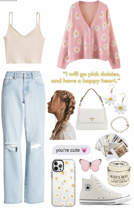 Flowery Aesthetics Outfit, Daisy Outfit Aesthetic, Daisy Aesthetic Outfit, Soft Pink Outfit Ideas, Cute Flowery Outfits, Flowery Outfits Casual, Pastel Girly Outfits, Casual Pink Outfit Ideas, Pastel Fits Aesthetic