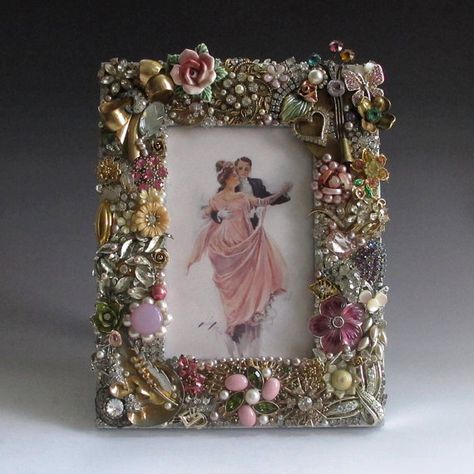 Vintage Jewelry Frame in Pinks with Gold Silver by vintagedesign39 Jeweled Picture Frame, Jeweled Picture, Old Jewelry Crafts, Jewel Frames, Jewelry Repurposed, Jewelry Frames, Vintage Rhinestone Jewelry, Jewelry Wall, Jewellery Art