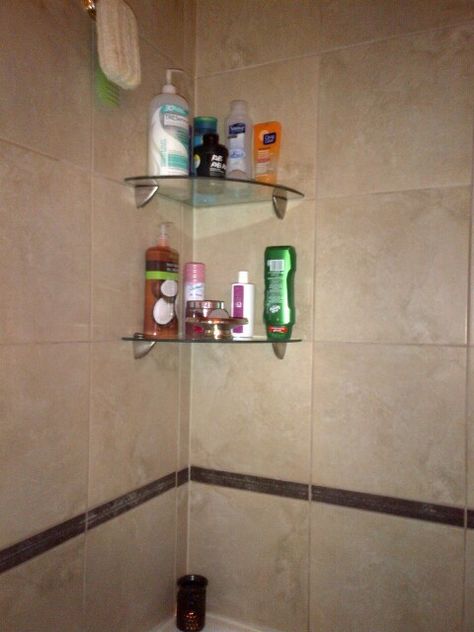 Glass corner shelves in the shower/tub match the fixtures and complete a nice finished look with ample room. Corner Tub Shower, Glass Corner Shelves, Corner Shelving, Shelves Over Toilet, Vanity Shelves, Corner Tub, Shower Surround, Shower Shelves, Dad Quotes